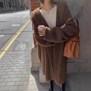 楠鸞中長(cháng)款寬松慵懶風(fēng)連帽毛衣外套女韓版純色復古圈圈紗針織 咖啡色 均碼