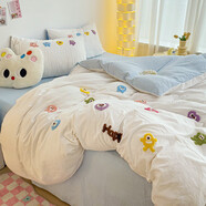 ins超柔水洗棉四件套純色純棉毛巾繡四件套卡通親膚宿舍三件套 小怪獸-白藍 床笠款 1.5m床單款四件套（被