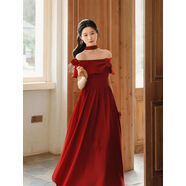 小紅書(shū)爆款何衣見(jiàn)友花序紅色玫瑰一字肩針織連衣裙氣質(zhì)港風(fēng)浪漫訂 紅色長(cháng)袖+珍珠肩帶厚春秋冬 S S有彈力送飄帶