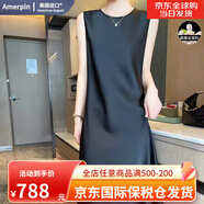 Amerpin國際一線(xiàn)品牌真絲連衣裙100%桑蠶絲高級感圓領(lǐng)真絲吊帶連衣裙女 黑色 L