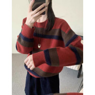 鹿王（KING DEER）圓領(lǐng)拼色純山羊絨衫女寬松高端秋冬新款條紋慵懶毛衣打底百搭 紅色 柔云焰紅 S 80-105斤