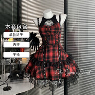 搖滾辣妹｜亞文化暗黑蕾絲吊帶連衣裙哥特朋克風(fēng)紅黑裙子辣妹穿搭 黑紅【單款連衣裙+內搭】 S
