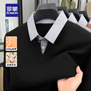 羅蒙假兩件長(cháng)袖針織衫男士冬季襯衫領(lǐng)加絨加厚打底衫中青年保暖毛衣男 5Z204023黑色 XL 175 （適合140-160斤）