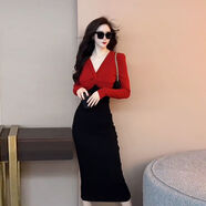 歐美時(shí)尚高級感洋氣撞色連衣裙女2025新款顯瘦包臀長(cháng)裙秋冬打底裙 拼接色 M