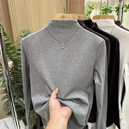 韓系漂亮小上衣貝殼領(lǐng)加絨半高領(lǐng)秋冬打底衫加厚T桖百搭顯瘦內搭 淺花灰色 L