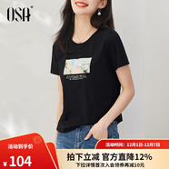 歐莎（OSA）白色短款T恤女士夏季新款衣服短袖印花顯瘦正肩上衣體恤修身 黑色 S