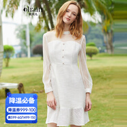 Olrain歐芮兒夏裝女裝長(cháng)袖白色連衣裙女微透蕾絲拼接中長(cháng)款A字裙 白色 M