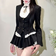 園翌法式精致感氣質(zhì)套裝裙修身開(kāi)衫外套+純欲百搭襯衫+蕾絲拼接半身裙 三件套 M