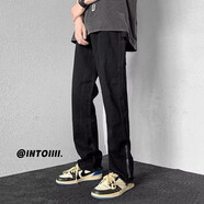 蕭蕭布落牛仔褲男春秋季2023設計感小眾拉鏈褲子美式復古百搭直筒褲子男L HWFS-E03黑色 XL 【建議130-150斤】