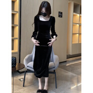 園翌感金絲絨方領(lǐng)包臀長(cháng)裙連衣裙修身顯瘦氣質(zhì)黑色內搭打底裙秋冬 黑色 S