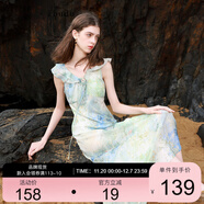 三彩2025夏季新款系帶V領(lǐng)荷葉邊暈染印花雪紡連衣裙長(cháng)裙