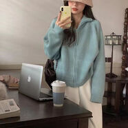 秋裝翻領(lǐng)拉鏈正肩針織開(kāi)衫毛衣秋冬慵懶風(fēng)小個(gè)子上衣加厚女士外套 藍色 均碼 （版型偏小適合80-110斤）