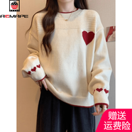 AEMAPE圓領(lǐng)套頭愛(ài)心刺繡慵懶風(fēng)加絨加厚毛衣女秋冬大碼遮肚顯瘦針織上衣 白色 M 【95-110斤】