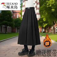 啄木鳥(niǎo)2025新款高腰厚毛呢加絨秋冬半身裙百褶中長(cháng)裙顯瘦英倫通勤半身裙 黑色毛呢 裙長(cháng)80   有腰帶 加絨 M 101-115斤