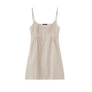 BrandyGirl新款bm紐扣碎花裙bm連衣裙美式小清新V領(lǐng)花邊吊帶裙女 卡其色藍花 均碼 均碼