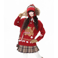 紫淑（Sweet basil）小貓費爾島新年紅色毛衣女秋冬新款慵懶風(fēng)寬松針織衫百搭上衣 紅色 均碼  建議85-130斤