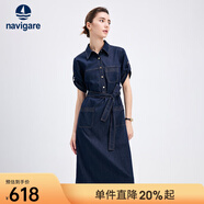 Navigare意大利小帆船女士短袖牛仔連衣裙25夏季新品純棉襯衫裙百搭長(cháng)裙子 海軍藍 XL