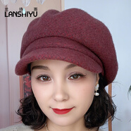 蘭詩(shī)雨（LANSHIYU）羊毛帽子女秋冬貝雷帽百搭鴨舌帽復古報童帽保暖格紋八角帽 深紅色 均碼 一般頭圍（52-58cm）