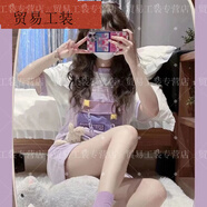 蕉京夏季套裝女學(xué)生韓版日系小眾設計感拼接紫色背帶褲+短袖T恤兩件套 短袖單件 xl 建議118-135斤