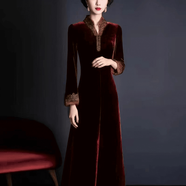 夏典素訂女王（SE.PSTP）仿貂絨毛領(lǐng)絲絨連衣裙2025秋新款高端高端裙名媛顯瘦闊太太裙 酒紅 衣長(cháng)110 2XL 120斤-130斤