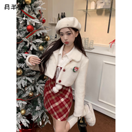 月半晴（YUEBANQING）學(xué)院風(fēng)假兩件拼接毛呢連衣裙女春冬收腰顯瘦紅色格子新年穿搭裙子 羊羔毛外套+短款連衣裙【兩件套 S 建議【80-100斤】