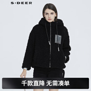S.DEER圣迪奧冬季女裝通勤連帽拉鏈字母寬松短款長(cháng)袖外套S20482202 黑色/91 S/160