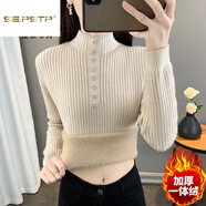 夏典素訂女王（SE.PSTP）秋冬加絨加厚毛衣女一體絨內搭半高領(lǐng)純色洋氣針織打底衫保暖上衣 卡其色【一體絨】今年流行的輕奢品牌 S