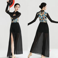 中國古典舞蹈民族風(fēng)旗袍半身長(cháng)裙身韻高腰開(kāi)叉顯瘦現代舞練功服裝 黑色繁花連體上衣+半身裙兩件套 有胸墊現貨 S  85-100斤