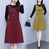 BIENKIMIIYE2025秋季新款大碼女裝連衣裙拼接假兩件圓領(lǐng)修身長(cháng)袖裙氣質(zhì)優(yōu)雅潮 【時(shí)尚優(yōu)雅7726-姜黃色】 大碼 L