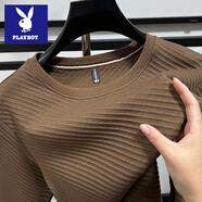 花花公子橫條加厚衛衣男秋冬新款百搭套頭純色T恤潮流休閑寬松長(cháng)袖打底衫 咖啡色 M /48