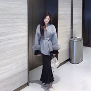 快手網(wǎng)紅同款綁帶收腰寬松毛呢大衣外套+長(cháng)袖魚(yú)尾包臀連衣裙套裝 黑色連衣裙+灰色外套 S