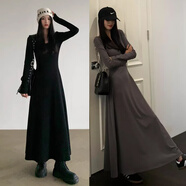 天啟世紀內搭磨毛棉春秋裙低領(lǐng)長(cháng)款純色打底裙 深灰色 L 大