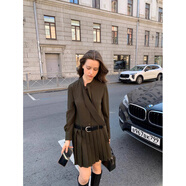 SATCHI麻感氣質(zhì)飄帶領(lǐng)壓褶長(cháng)袖連衣裙女早秋高智通勤顯瘦襯衫裙9319 深灰色 S