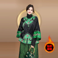 代勒新中式國風(fēng)新款重工刺繡夾棉加厚太太福刺繡復古上衣外套女 錦繡未央-綠色 XL 90-110斤