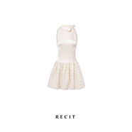 RECIT原創(chuàng  )設計緞面蝴蝶結系帶背心連衣裙女秋冬小香風(fēng)無(wú)袖蓬蓬裙 米白色 S S現貨