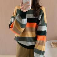 日本JP秋冬撞色條紋加厚毛衣2025新款歐貨套頭慵懶風(fēng)中長(cháng)款針織打 黃條紋 均碼