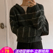 歐貝汐【新品】秋季新款休閑連帽寬松橫條紋針織衫拉鏈開(kāi)衫毛衣外套女 深灰色 均碼