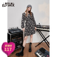 妖精的口袋【新款】滿(mǎn)印法式碎花連衣裙女秋季小眾氣質(zhì)裙子 黑底字母色 S