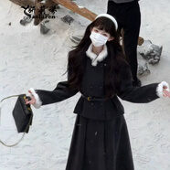 妍莉芬（yanlifen）韓系氣質(zhì)小香風(fēng)千金連衣裙毛領(lǐng)外套女裝秋冬季高腰百褶半身裙套裝 黑色套裝配皮帶 XL