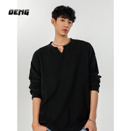 OEMG  美式V領(lǐng)長(cháng)袖t恤男士秋季新款內搭上衣服寬松休閑慵懶垂感打底衫 黑色 XL [建議110-130斤]