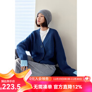 雲上生活女裝袖口拼色設計v領(lǐng)針織開(kāi)衫女寬松短外套W6214X 海藍色 S