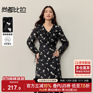 尚都比拉V領拼接蕾絲花邊長袖連衣裙女秋季印花暈染A字裙綁帶設計中長裙