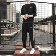 JEEP SPIRIT吉普衛衣套裝男春秋港風(fēng)圓領(lǐng)休閑運動(dòng)大碼外穿長(cháng)袖長(cháng)褲青年 黑色薄款 6XL 6XL200-210斤