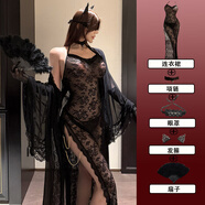 夢(mèng)特威格（Meng Te Wei Ge）weisgirl性感純欲御姐宮廷風(fēng)睡袍半透黑色蕾絲晨袍網(wǎng)紗睡衣薄睡裙 黑色【連衣裙+項鏈+眼罩+發(fā)箍+扇子】 M