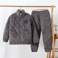 浪莎睡衣男冬季三層加厚珊瑚絨夾棉襖加絨法蘭絨秋保暖大碼家居服套裝 灰色 提花絨拉鏈款 M XXL(170C-177CM 130斤-150斤