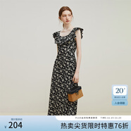 范思藍恩23FS12695韓系荷葉邊減齡連衣裙女夏季新款吊帶裙子 黑底碎花 M