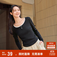 森馬（Semir）長袖T恤女短款撞色打底衫簡約風(fēng)秋季假兩件修身衣服101524101005
