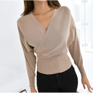 2025韓版秋冬裝新款蝙蝠袖深V領(lǐng)性感露背上衣小衫打底針織衫 杏色 均碼