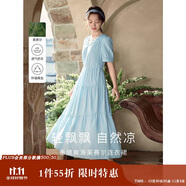 茵曼（INMAN）法式連衣裙女夏季顯瘦遮肚燈籠袖抽繩收腰公主長裙子 紺藍(lán)色 S 