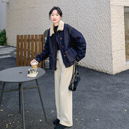 深藍色羊羔毛領(lǐng)牛仔羽絨服2025新款女冬加絨加厚高級感夾克短外套 圖片色 S 均碼